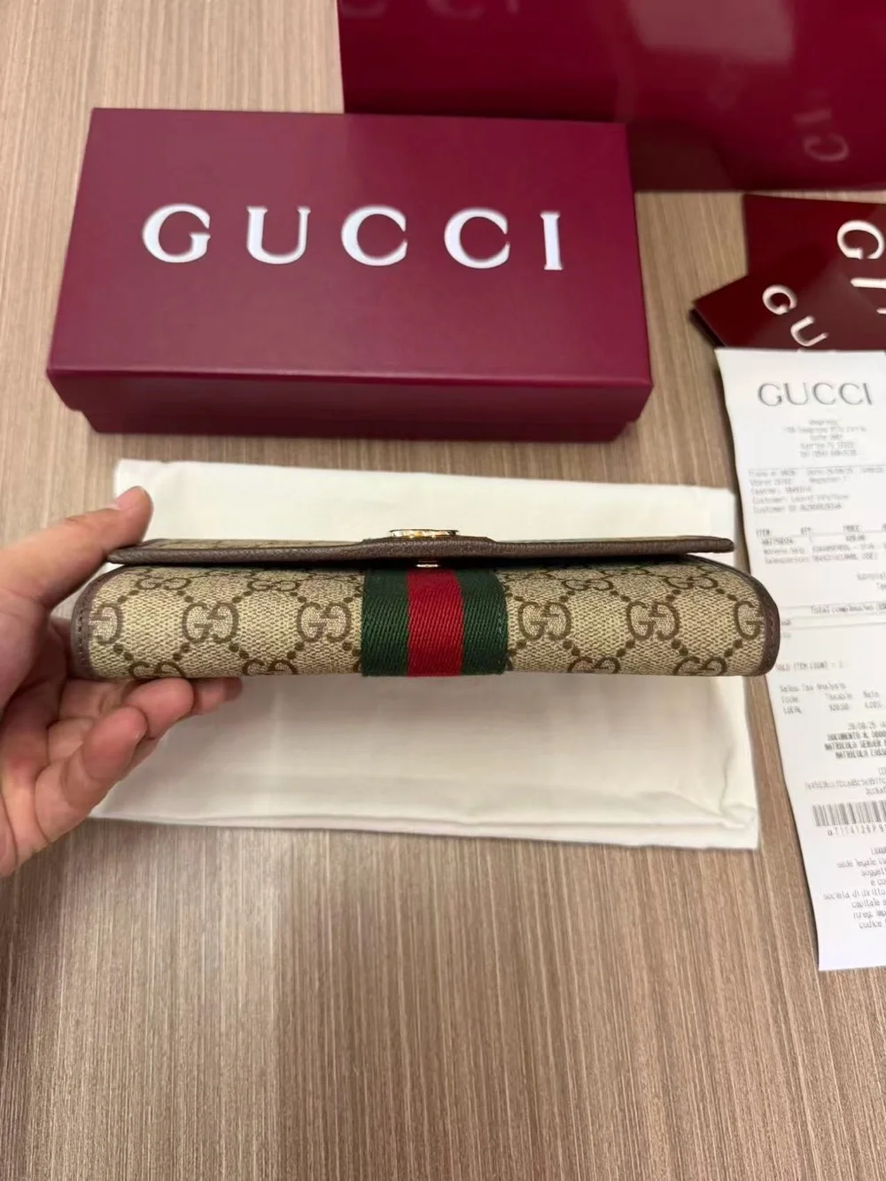 Gucci Beige GG Supreme Canvas Wallet with Green and Red Web